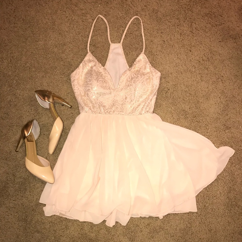 A’gaci Pink and Gold Plunge Flare Dress